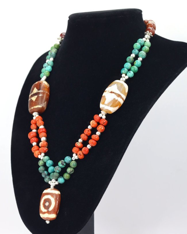 Antique Tibetan Agate dzi Beads Old Red Coral Carnelian Turquoise Beaded Necklace (1 of 11)