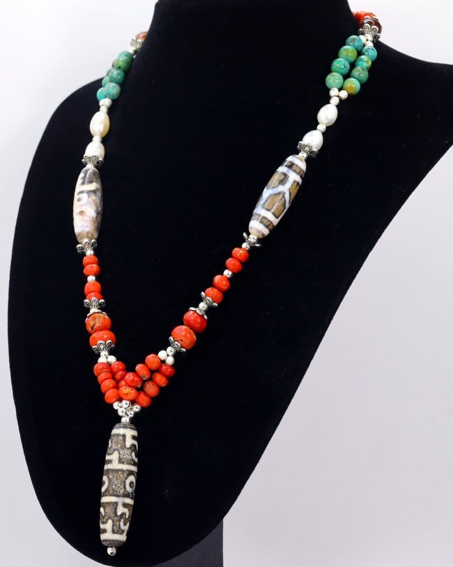Antique Tibetan Agate dzi Beads Old Red Coral Carnelian Turquoise Pearl Beaded Necklace (1 of 10)
