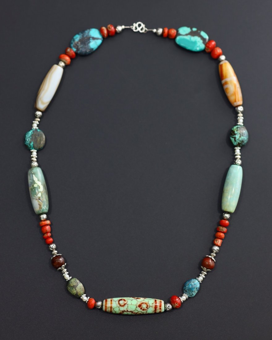 Antique Tibetan Agate dzi Beads Old Red Coral Carnelian Turquoise Pearl Necklace (1 of 7)