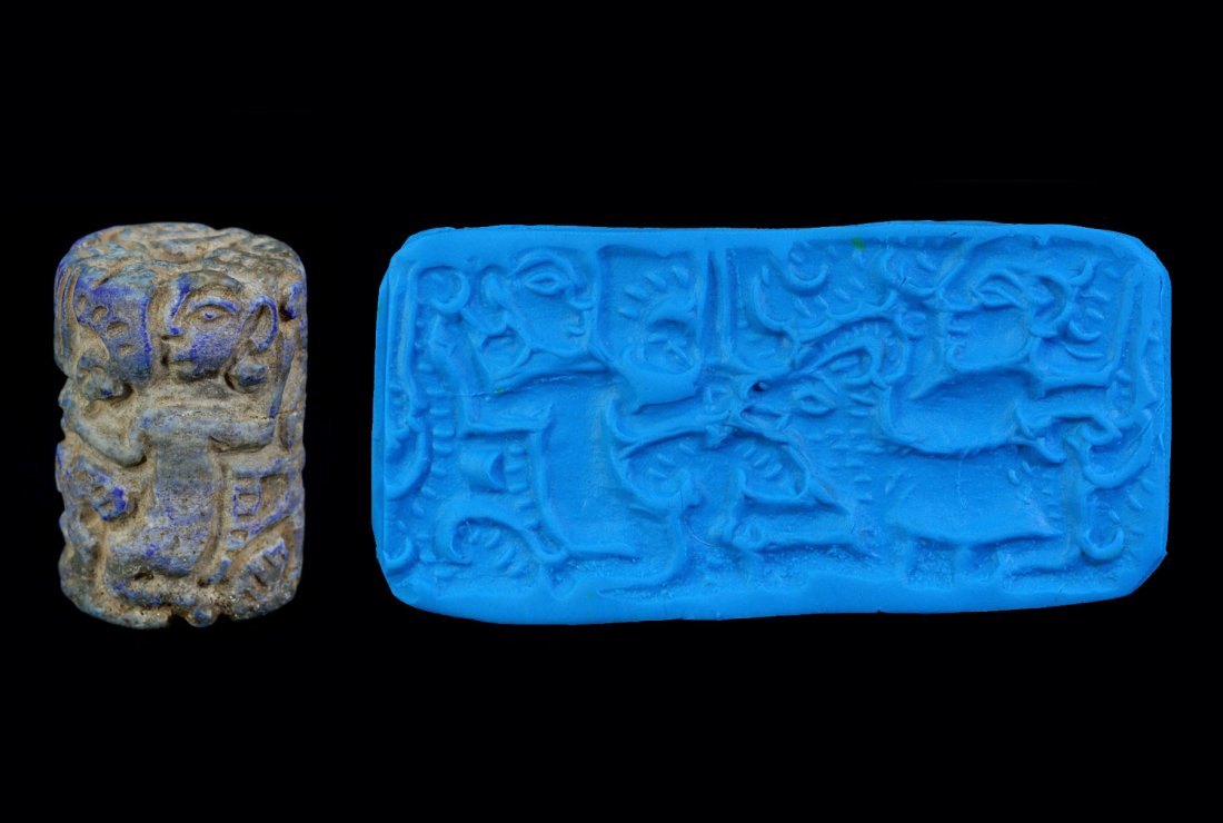 An Old Lapis Lazuli Stone Cylinder Seal Carving Unknown Era: An Old Lapis Lazuli Stone Cylinder Seal Carving Cultures/Periods: Unknown Dimension: 34x23mm Findspot: Nepal Provenance: Family Collection New Delhi, Mr Suganesh. Acquired in year 1995
