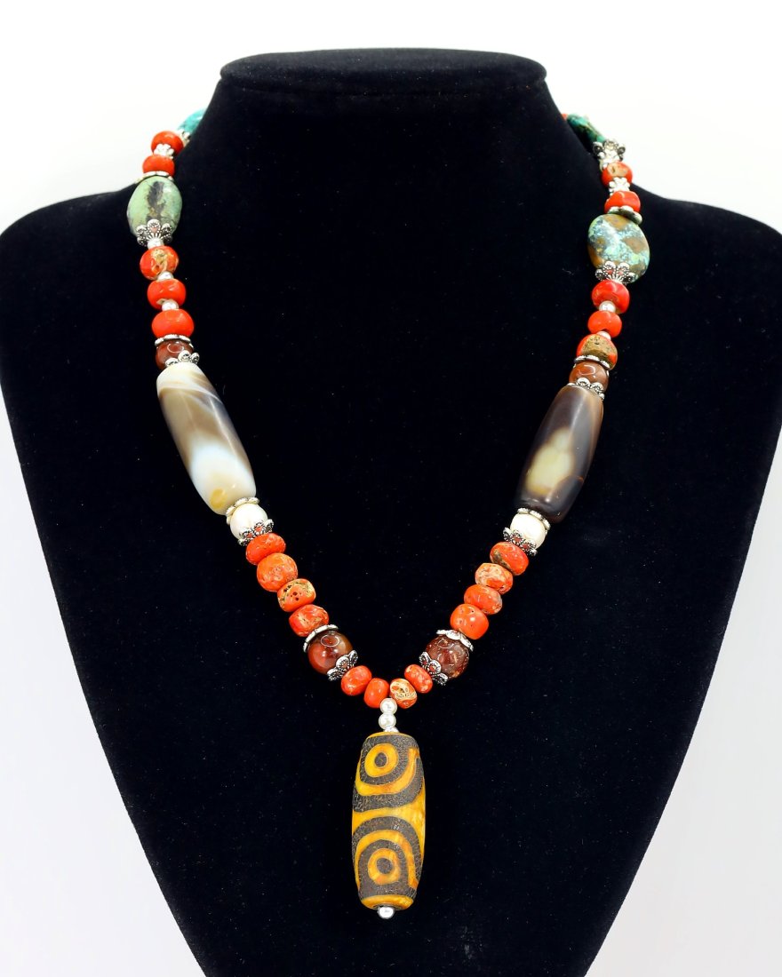 Antique Tibetan Agate dzi Beads Old Red Coral Carnelian Turquoise Pearl Beaded Necklace (1 of 4)