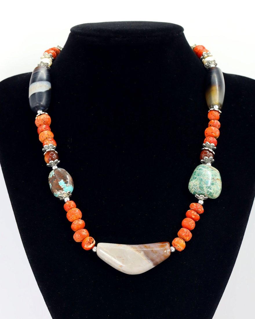 Antique Tibetan Agate dzi Beads Old Red Coral Carnelian Turquoise Pearl Beaded Necklace (1 of 4)