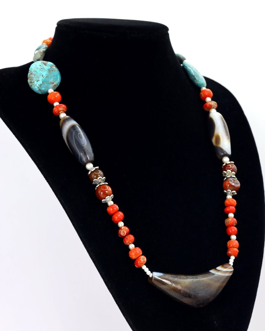 Antique Tibetan Agate dzi Beads Old Red Coral Carnelian Turquoise Pearl Beaded Necklace (1 of 4)