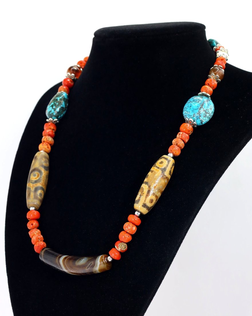 Antique Tibetan Agate dzi Beads Old Red Coral Carnelian Turquoise Pearl Beaded Necklace (1 of 4)