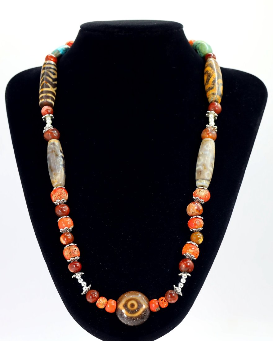Antique Tibetan Luk Mik Agate dzi Beads Old Red Coral Carnelian Turquoise Beaded Necklace (1 of 4)