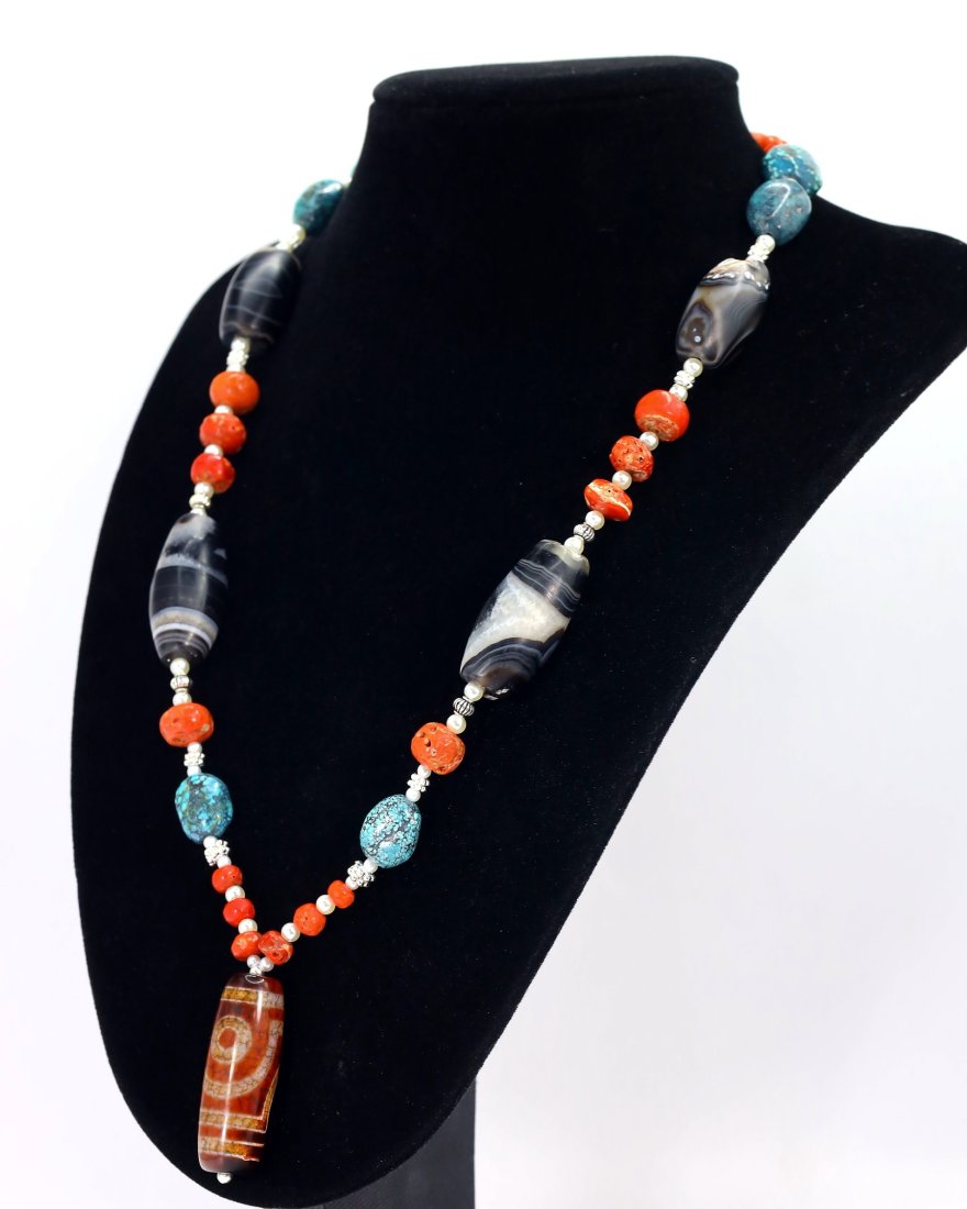 Antique Tibetan Agate dzi Beads Old Red Coral Pearl Turquoise Beaded Necklace (1 of 4)