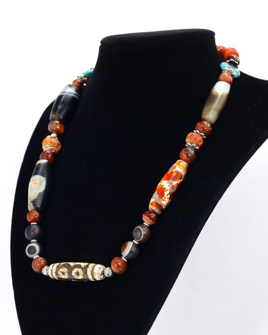 Antique Tibetan Agate dzi Beads Old Red Coral Turquoise Carnelian Beaded Necklace (1 of 4)