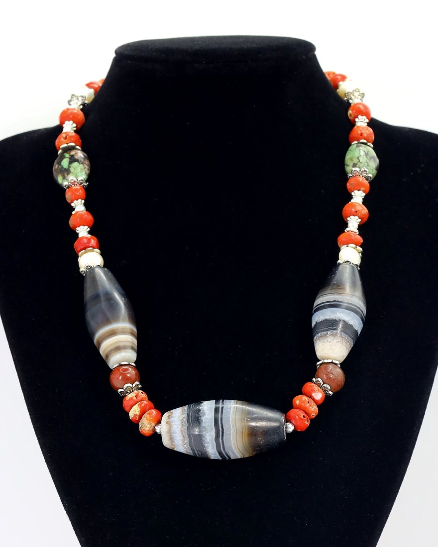 Antique Tibetan Agate dzi Beads Old Red Coral Turquoise Carnelian Pearl Beaded Necklace (1 of 4)