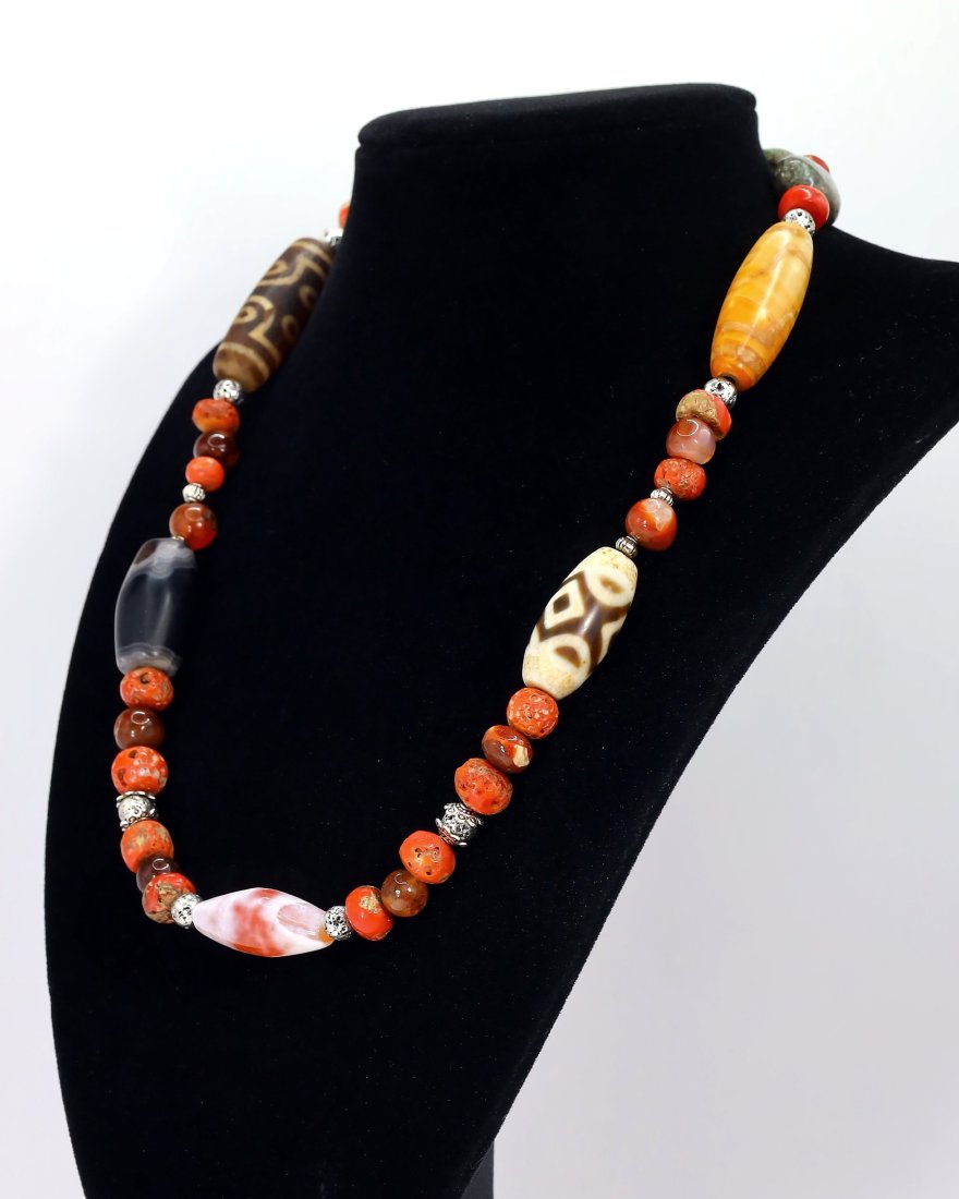 Antique Tibetan Agate dzi Beads Old Red Coral Turquoise Carnelian Beaded Necklace (1 of 4)
