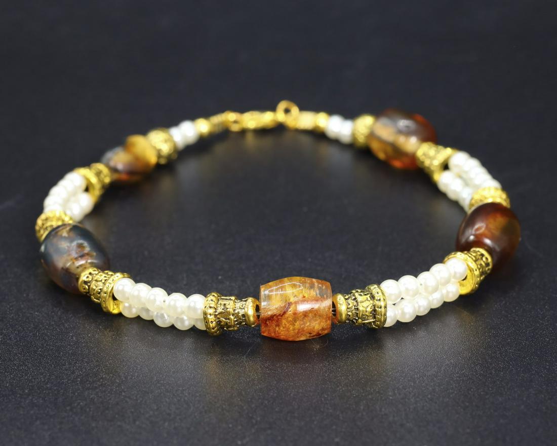 Natural Burmese Amber with White Pearl Beaded Anklet (1 of 3)