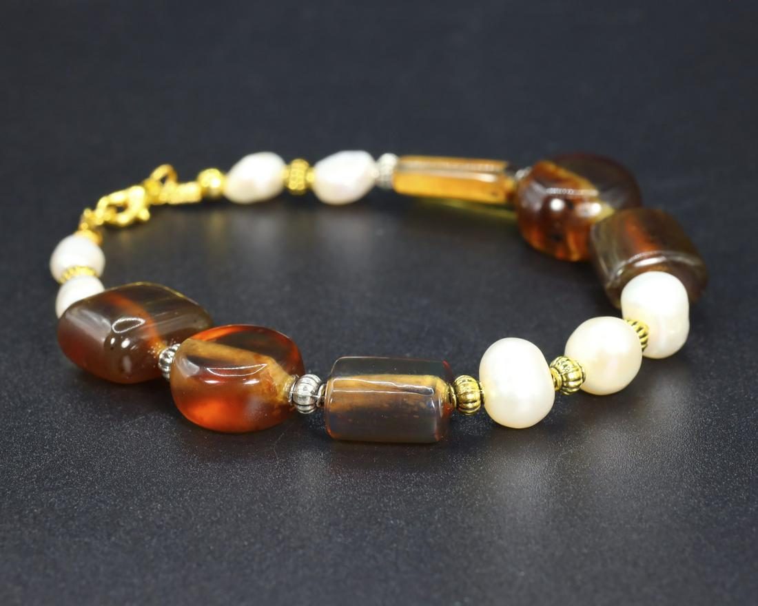 Natural Burmese Amber with White Pearl Beaded Anklet (1 of 3)