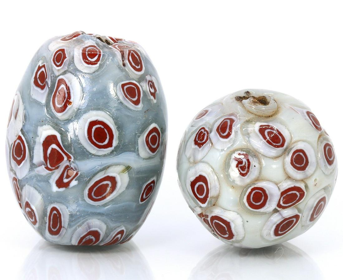 Two Large Vintage Venetian Murano Millefiori Glass Beads Antique Lampwork (1 of 3)