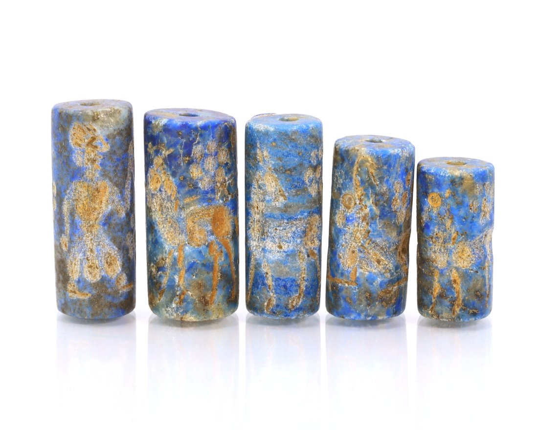 Five Ancient Mesopotamian Lapis Lazuli Cylinder Stamp Seal Ancient Artifact Art Carving: Dimension: 26x10mm Thousand Planet Auction House Season 2 Asian Treasure Hunt Auction, auction including Abstract Oil Painting, Sculptures & Carvings, Statues & Statuettes, Bust Carving, Signet Rings,