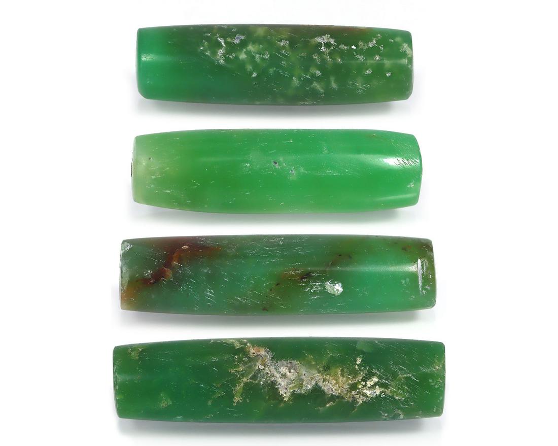 Collection of Four Ancient Chinese Cylinder Shaped Green "Jade" Beads: Dimension: 32x8mm Thousand Planet Auction House Season 2 Asian Treasure Hunt Auction, auction including Abstract Oil Painting, Sculptures & Carvings, Statues & Statuettes, Bust Carving, Signet Rings,