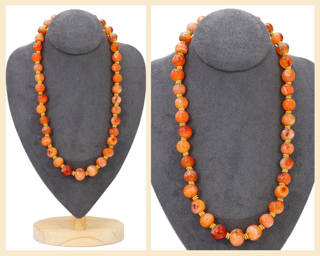Ancient Himalayan Ball Shaped Agate Carnelian Beads Necklace: Dimension: 21 17/64 inches Thousand Planet Auction House Season 2 Asian Treasure Hunt Auction, auction including Abstract Oil Painting, Sculptures & Carvings, Statues & Statuettes, Bust Carving, Signe