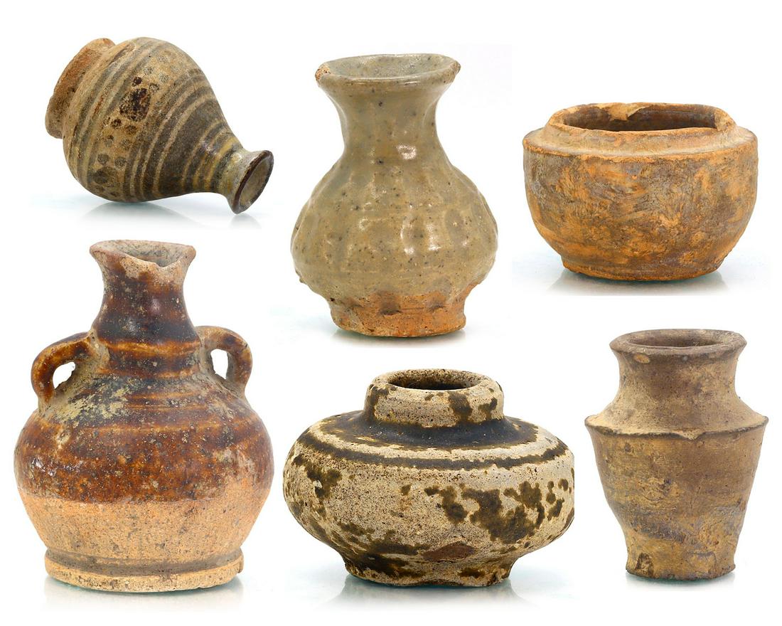 Six Southeast Asian Sukhothai Period Ceramic Jars and Vases: Dimension: 2 3/4 inches Thousand Planet Auction House Season 2 Asian Treasure Hunt Auction, auction including Abstract Oil Painting, Sculptures & Carvings, Statues & Statuettes, Bust Carving, Signet R