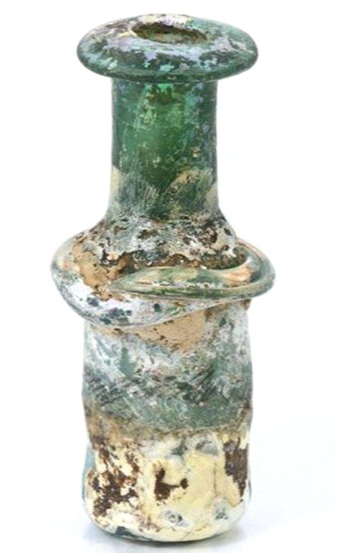 An Ancient Western Asiatic Roman Glass Unguentarium Flask Vessel Art Antique: Dimension: 3 11/32 inches Thousand Planet Auction House Season 2 Asian Treasure Hunt Auction, auction including Abstract Oil Painting, Sculptures & Carvings, Statues & Statuettes, Bust Carving, Signet