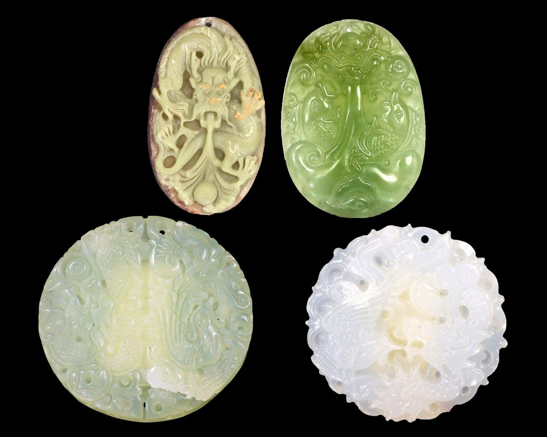Collection of Four Chinese Jade Carving Pendant Lockets: Length: 24x24x3 mm Thousand Planet Auction House Season 2 Asian Treasure Hunt Auction, auction including Abstract Oil Painting, Sculptures & Carvings, Statues & Statuettes, Bust Carving, Signet Rings,