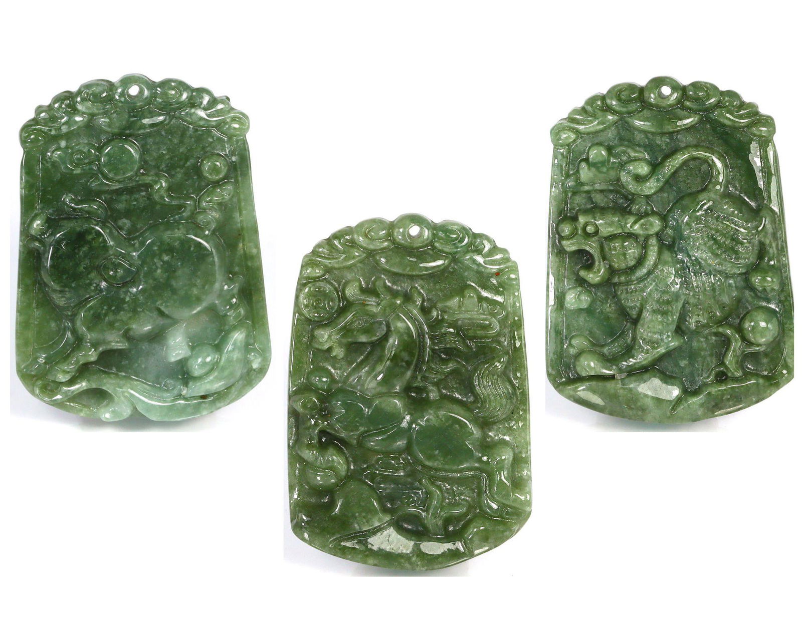 Three Collection of Chinese Burmese Green Jadeite Jade Carving Pendant Lockets: Length: 22x16x3 mm Thousand Planet Auction House Season 2 Asian Treasure Hunt Auction, auction including Abstract Oil Painting, Sculptures & Carvings, Statues & Statuettes, Bust Carving, Signet Rings,