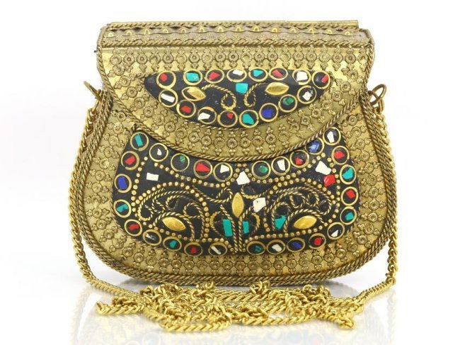 Vintage Tibetan Turquoise & Red Chips Inlay Bag Shoulder Bag Purse Brass Clutch: Length: 3 15/16 inches Thousand Planet Auction House Season 2 Asian Treasure Hunt Auction, auction including Abstract Oil Painting, Sculptures & Carvings, Statues & Statuettes, Bust Carving, Signet Ri