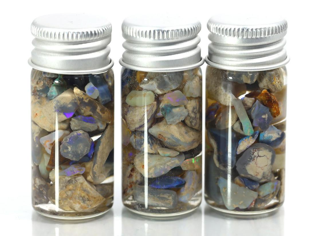 Group of 3 Jars Australian Lightning Ridge Black Opal Rough: Dimension: 5-18mm Thousand Planet Auction House Season 2 Asian Treasure Hunt Auction, auction including Abstract Oil Painting, Sculptures & Carvings, Statues & Statuettes, Bust Carving, Signet Rings,