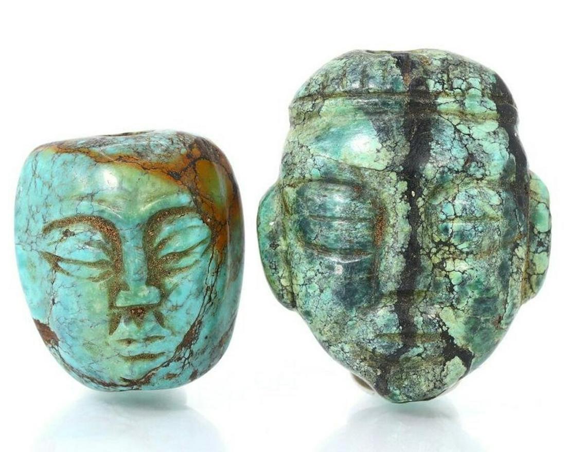 Two Antique Himalayan Tibetan Carved Turquoise Beads Chinese Carving Antique: Dimension: 32x26x11mm Thousand Planet Auction House Season 2 Asian Treasure Hunt Auction, auction including Abstract Oil Painting, Sculptures & Carvings, Statues & Statuettes, Bust Carving, Signet Rin