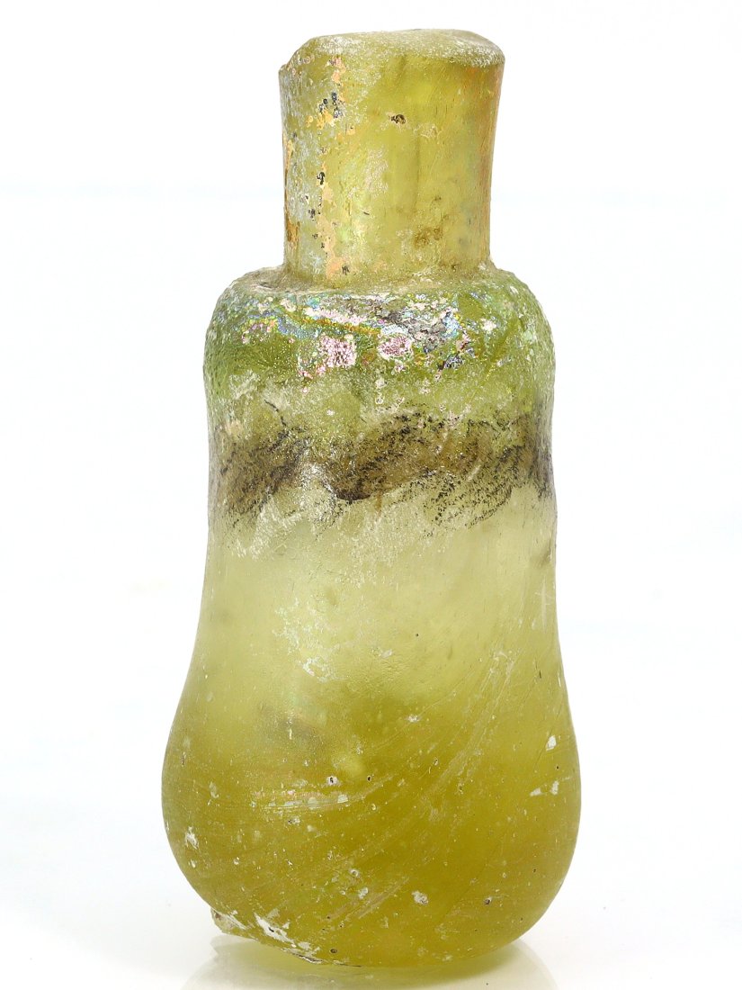 An Ancient Western Asiatic Roman Glass Unguentarium Flask Vessel Art Antique: Length: 2 3/4 inches Thousand Planet Auction House Season 2 Asian Treasure Hunt Auction, auction including Abstract Oil Painting, Sculptures & Carvings, Statues & Statuettes, Bust Carving, Signet Ring