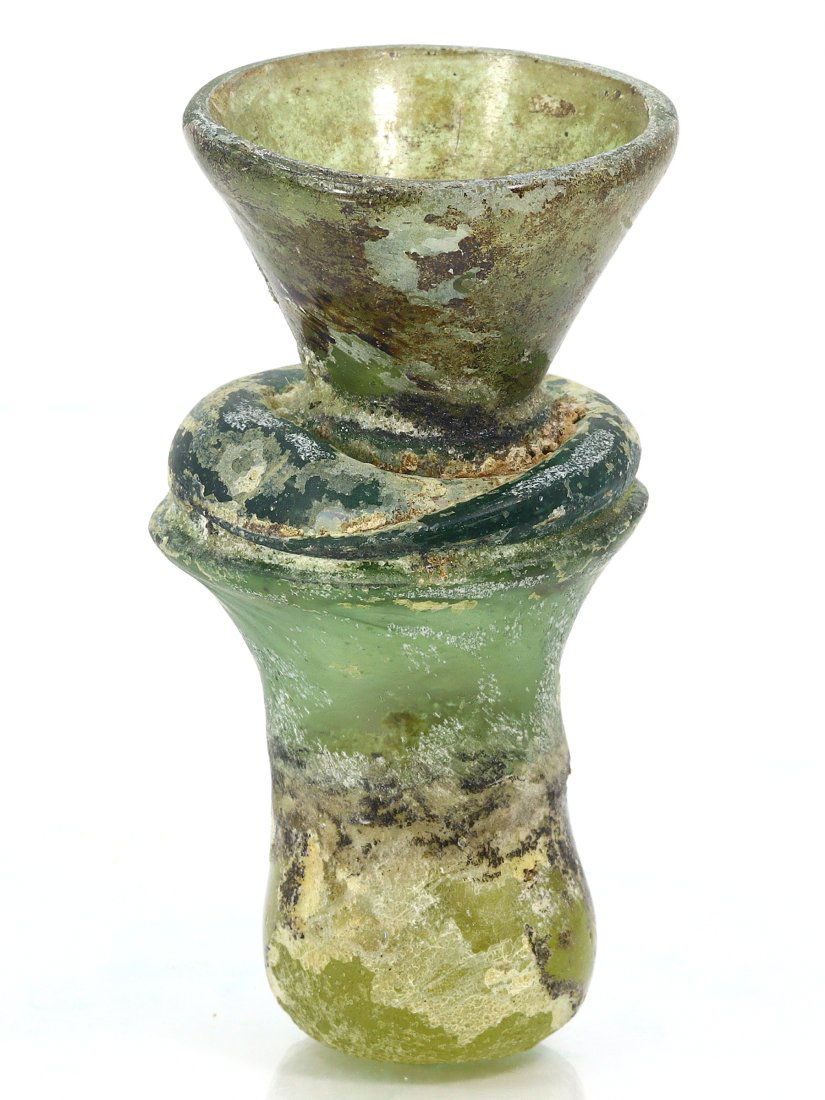 An Ancient Western Asiatic Roman Glass Unguentarium Flask Vessel Art Antique: Length: 2 3/4 inches Thousand Planet Auction House Season 2 Asian Treasure Hunt Auction, auction including Abstract Oil Painting, Sculptures & Carvings, Statues & Statuettes, Bust Carving, Signet Ring