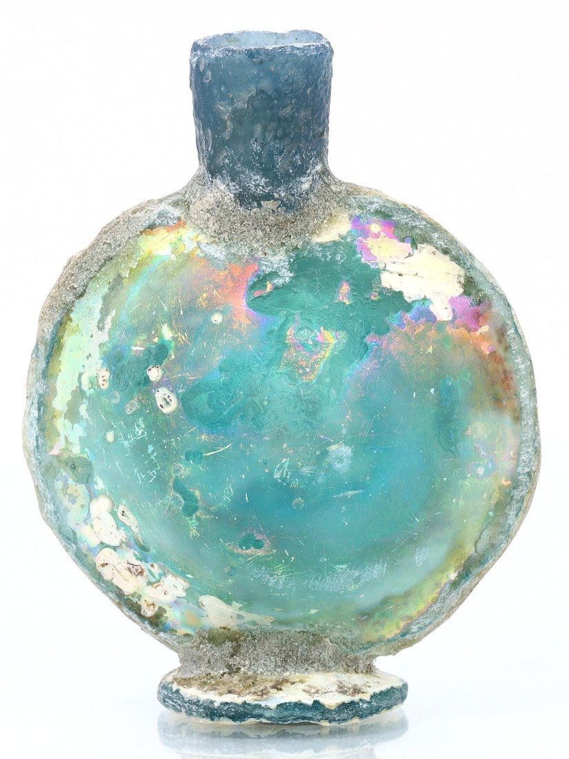 An Ancient Western Asiatic Roman Glass Unguentarium Flask Vessel Art Antique: Length: 3 5/32 inches Thousand Planet Auction House Season 2 Asian Treasure Hunt Auction, auction including Abstract Oil Painting, Sculptures & Carvings, Statues & Statuettes, Bust Carving, Signet Rin