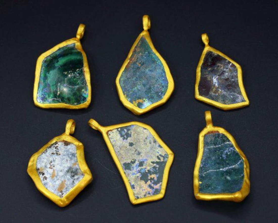 Six Ancient surface iridescent Roman Glass Slags Lockets Pendants with Patina 1st-5th Century AD: Dimension: 1 31/32-2 7/16inches Thousand Planet Auction House Season 2 Asian Treasure Hunt Auction, auction including Abstract Oil Painting, Sculptures & Carvings, Statues & Statuettes, Bust Carving,