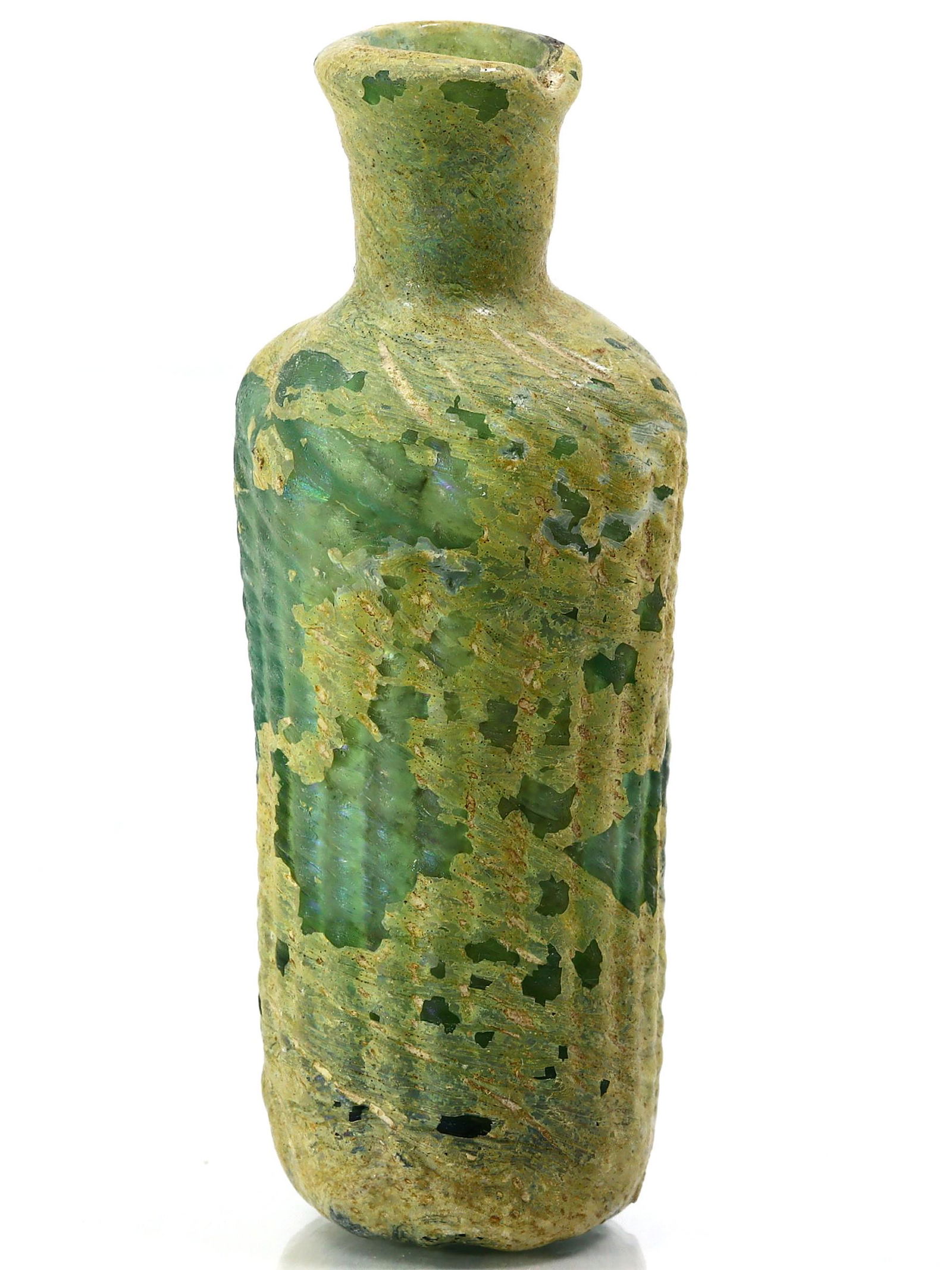 An Ancient Western Asiatic Roman Glass Unguentarium Flask Vessel Art Antique: Length: 3 11/32 inches Thousand Planet Auction House Season 2 Asian Treasure Hunt Auction, auction including Abstract Oil Painting, Sculptures & Carvings, Statues & Statuettes, Bust Carving, Signet Ri