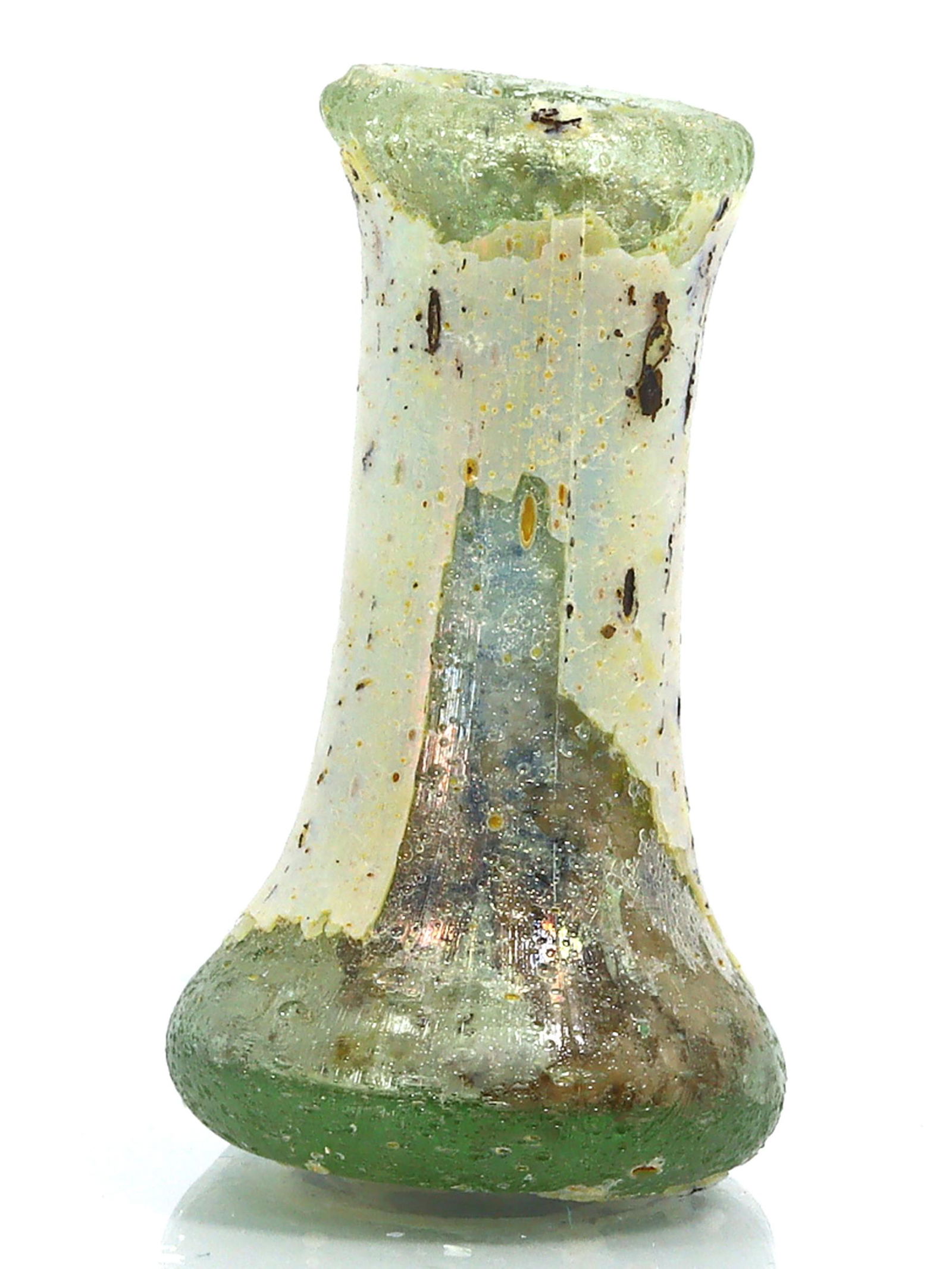 An Ancient Western Asiatic Roman Glass Unguentarium Flask Vessel Art Antique: Length: 1 37/64 inches Thousand Planet Auction House Season 2 Asian Treasure Hunt Auction, auction including Abstract Oil Painting, Sculptures & Carvings, Statues & Statuettes, Bust Carving, Signet Ri