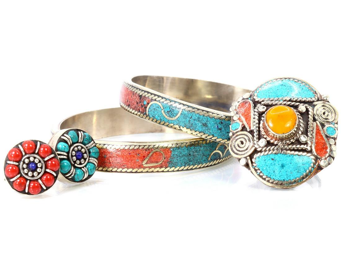 Five Vintage Tibetan Nepalese Cuff Bangles & Rings With Turquoise Coral And Lapis Lazuli Stone: Dimension: 2 51/64inches/US Size 7/7/9 Thousand Planet Auction House Season 2 Asian Treasure Hunt Auction, auction including Abstract Oil Painting, Sculptures & Carvings, Statues & Statuettes, Bust Ca