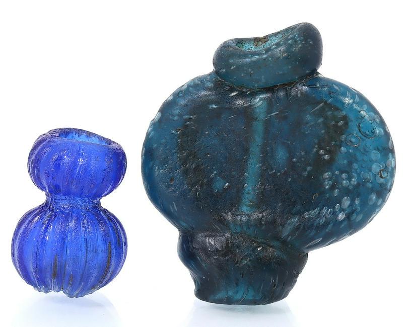 Two Ancient Western Asiatic Egyptian Blue Roman Glass Beads Asian Antique: Dimension: 23x20x7mm Thousand Planet Auction House Season 2 Asian Treasure Hunt Auction, auction including Abstract Oil Painting, Sculptures & Carvings, Statues & Statuettes, Bust Carving, Signet Ring