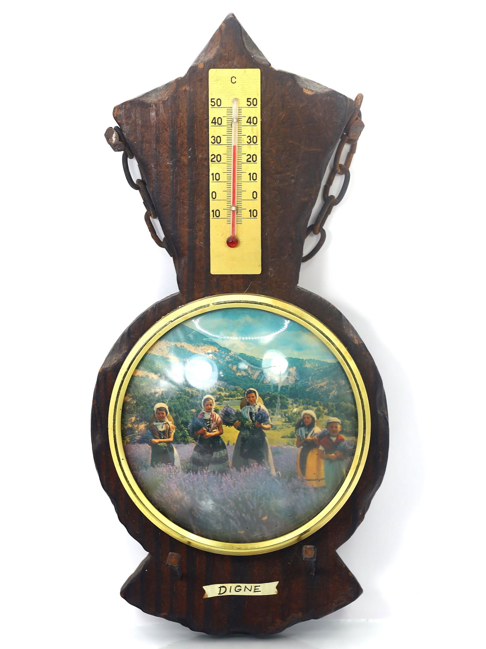Barometer French Vintage Wall Hanging Weather Instrument Wood Decoration: Length: 9 27/32 x 4 23/32 inches Thousand Planet Auction House Season 2 Asian Treasure Hunt Auction, auction including Abstract Oil Painting, Sculptures & Carvings, Statues & Statuettes, Bust Carving,