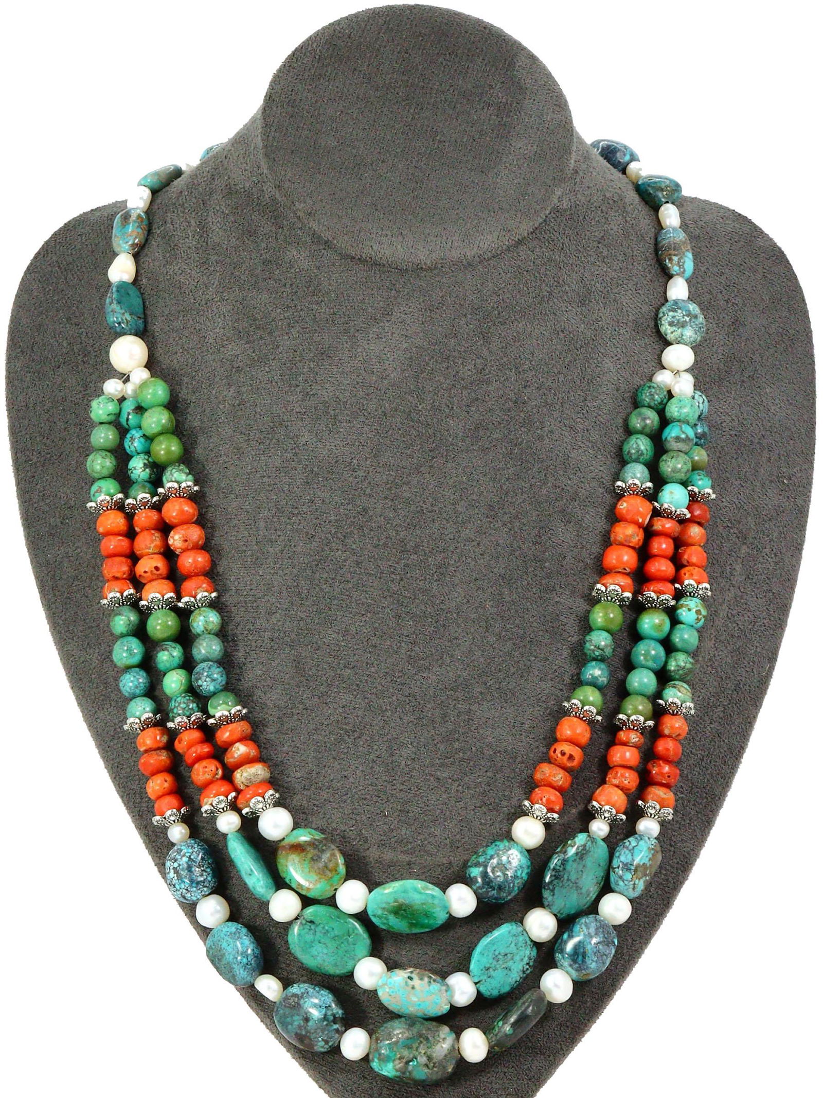 Antique Tibetan Turquoise Beads Old Red Coral Pearl Beaded 3 Lines Necklace: Length: 25 inches Thousand Planet Auction House Season 2 Asian Treasure Hunt Auction, auction including Abstract Oil Painting, Sculptures & Carvings, Statues & Statuettes, Bust Carving, Signet Rings,