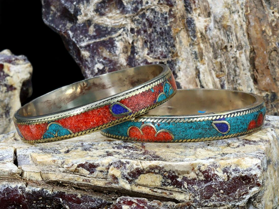 57Gram Two Vintage Tibetan Nepalese Cuff Bangles With Turquoise Coral And Lapis Lazuli Stone (1 of 2)