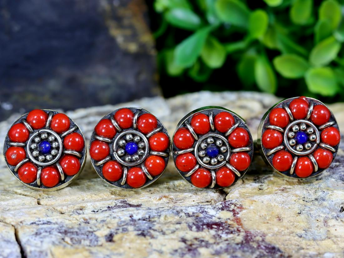 54Gram Four Vintage Tibetan Nepalese Cuff Rings With Turquoise Coral And Lapis Lazuli Stone (1 of 3)