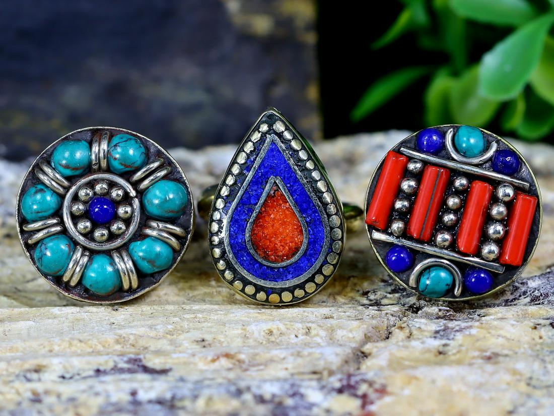 39Gram Three Vintage Tibetan Nepalese Cuff Rings With Turquoise Coral And Lapis Lazuli Stone (1 of 2)