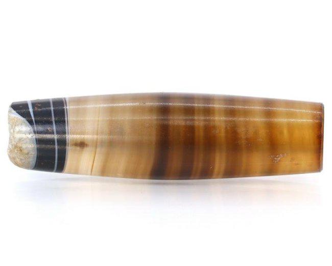 28.5Ct Tibetan Pyu Banded Agate Chung DZi Bead Himalayan Asian Art Carving: Dimension: 35.7x9.8mm Natural History of Australian Opal & Mineral Auction by Thousand Planet Auction House featuring the beauty of Boulder Opal art in cabochon cutting and rough, well known Australia