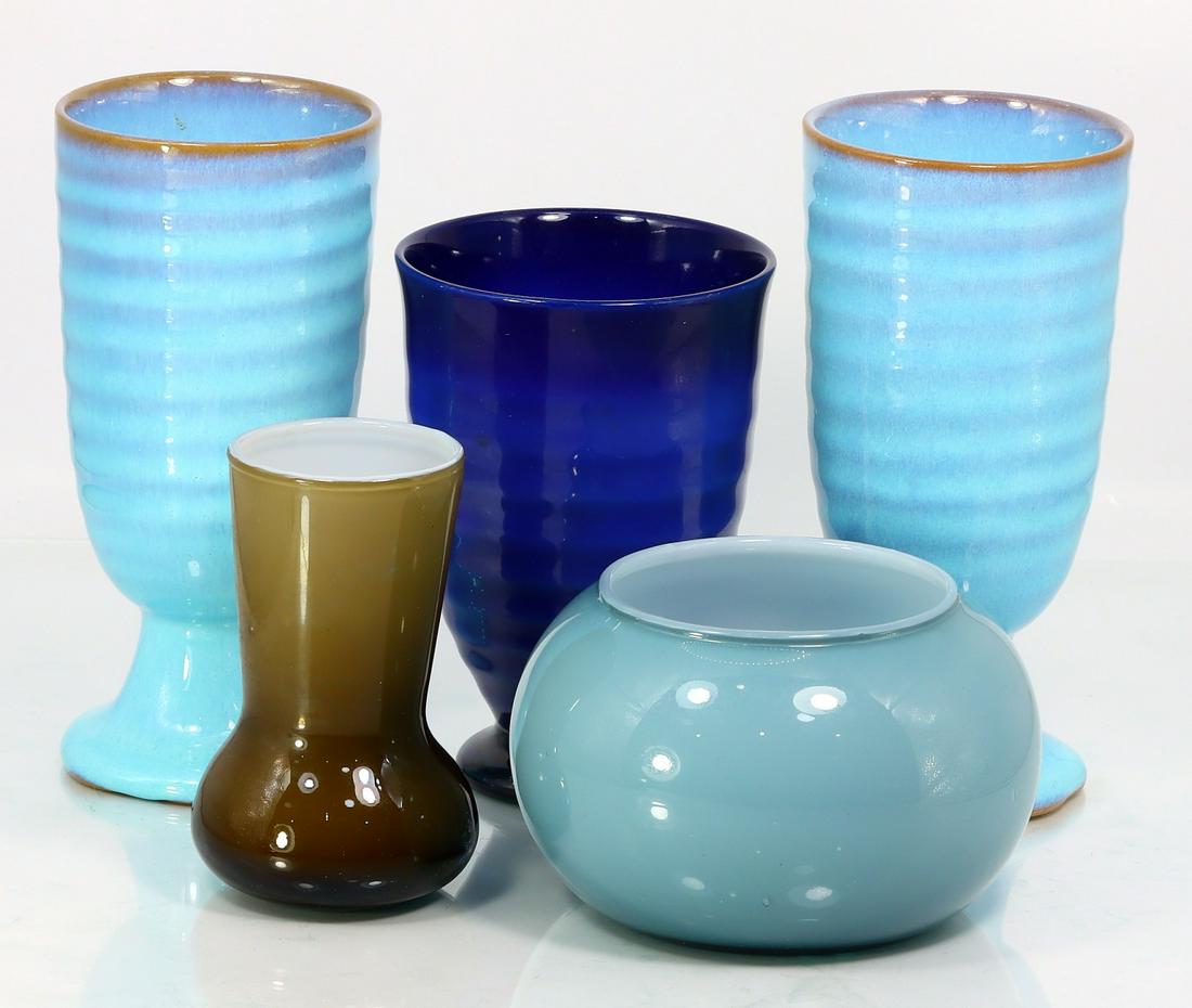 Set of 5 Candy Color Art Deco Art Glass Vases Drinkware & Glasses Collection: 12.9x5.8cm (5.1"x2.8" Inches) Weight: 1100 grams Official Season 3 Auction - Vintage Art of Glass & Decor by Thousand Planet Auction House featuring collection of Vintage Art Glass, Carnival Glass, Bo