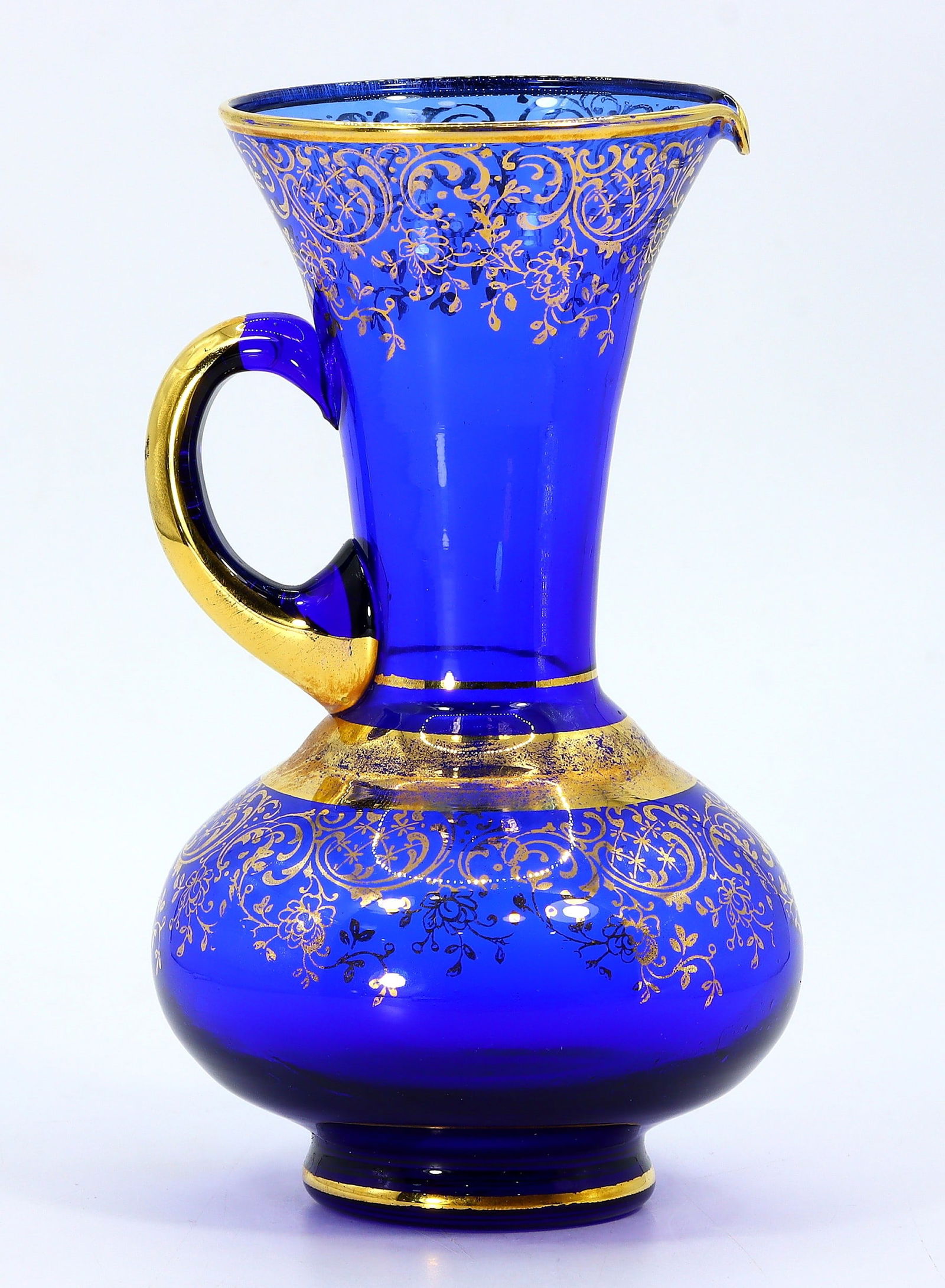 Vintage Italian Murano Glass Blue Pitcher Floral Gilt 24K Gold (1 of 4)