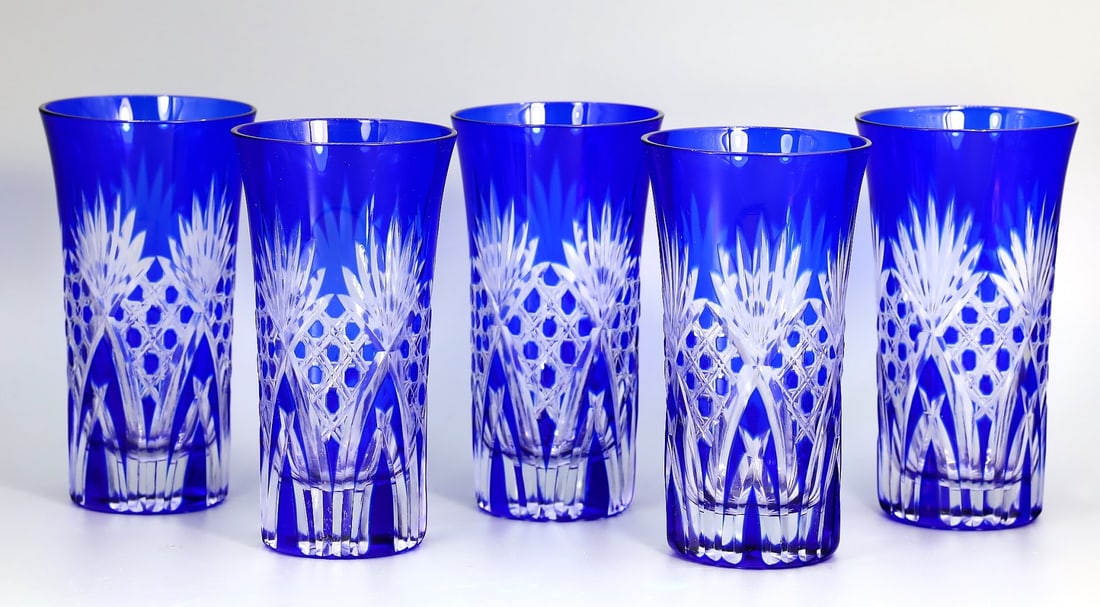 Set of 5 Japanese Edo Kiriko Cobalt Blue Bamboo Fence Design Highball Glass Tumblers (1 of 6)
