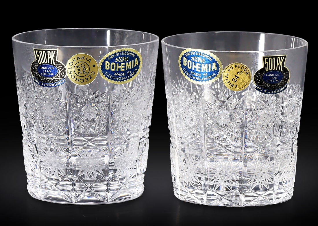 Pair of Czechoslovakia Bohemian Hand Cut Lead Crystal Whiskey Glasses in Box (1 of 5)