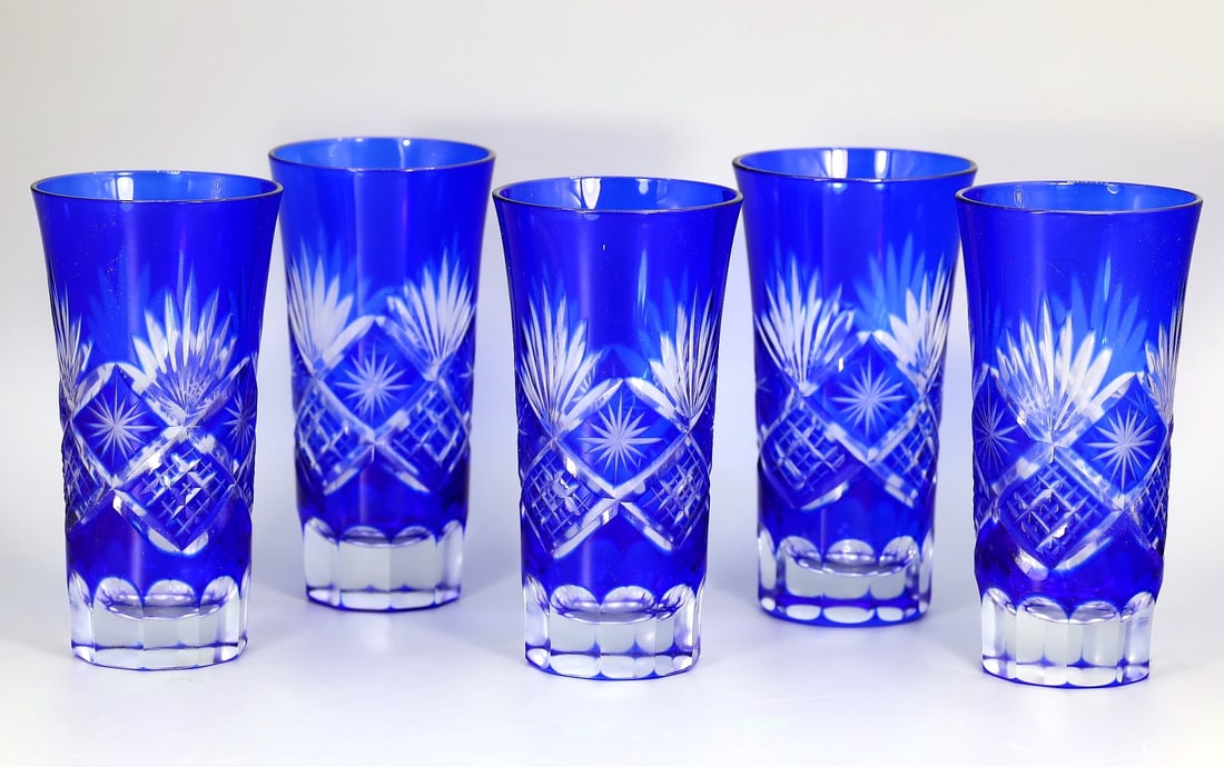 Set of 5 Japanese Edo Kiriko Cobalt Blue Bamboo Fence Design Highball Glass Tumblers (1 of 5)