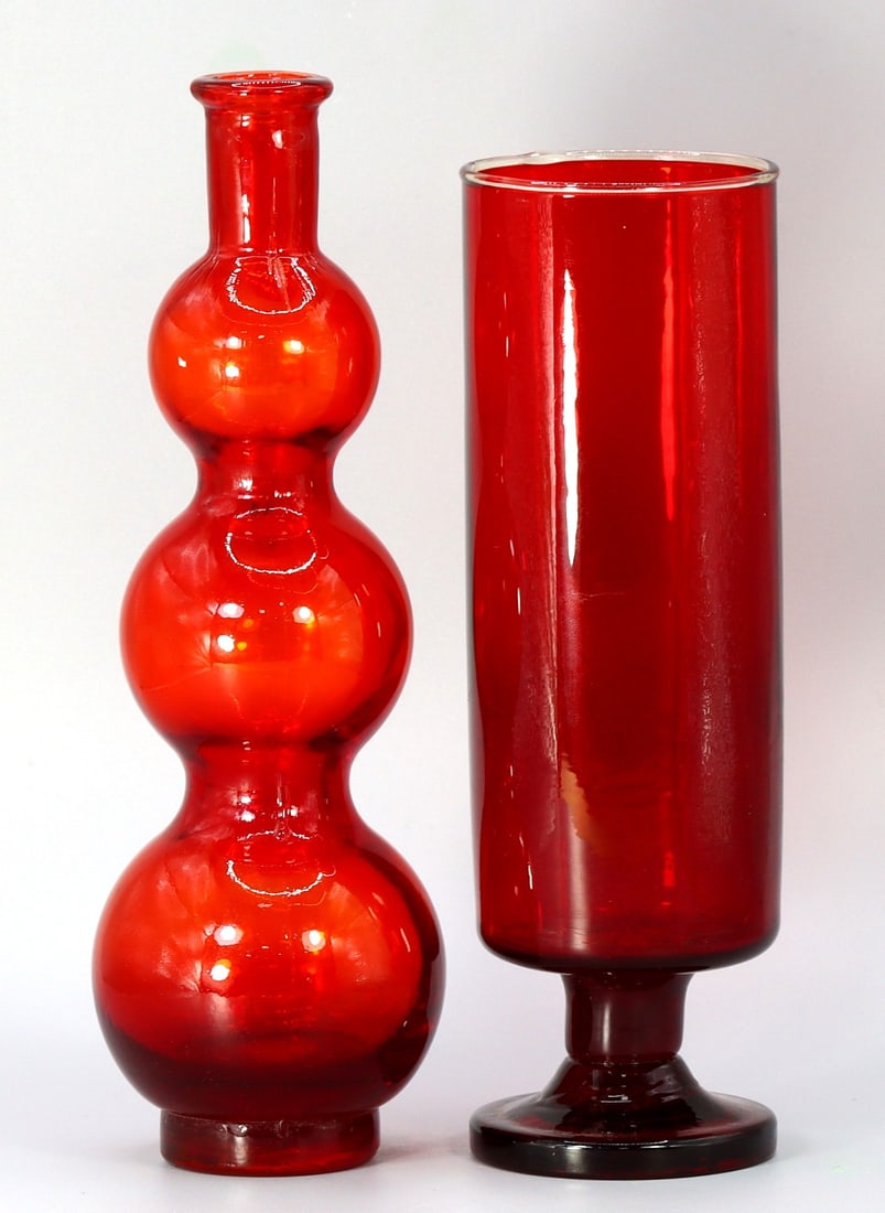 Two Ruby Red Footed Goblet Tall Blenko Handblown Glass Decanter Bottle (1 of 3)