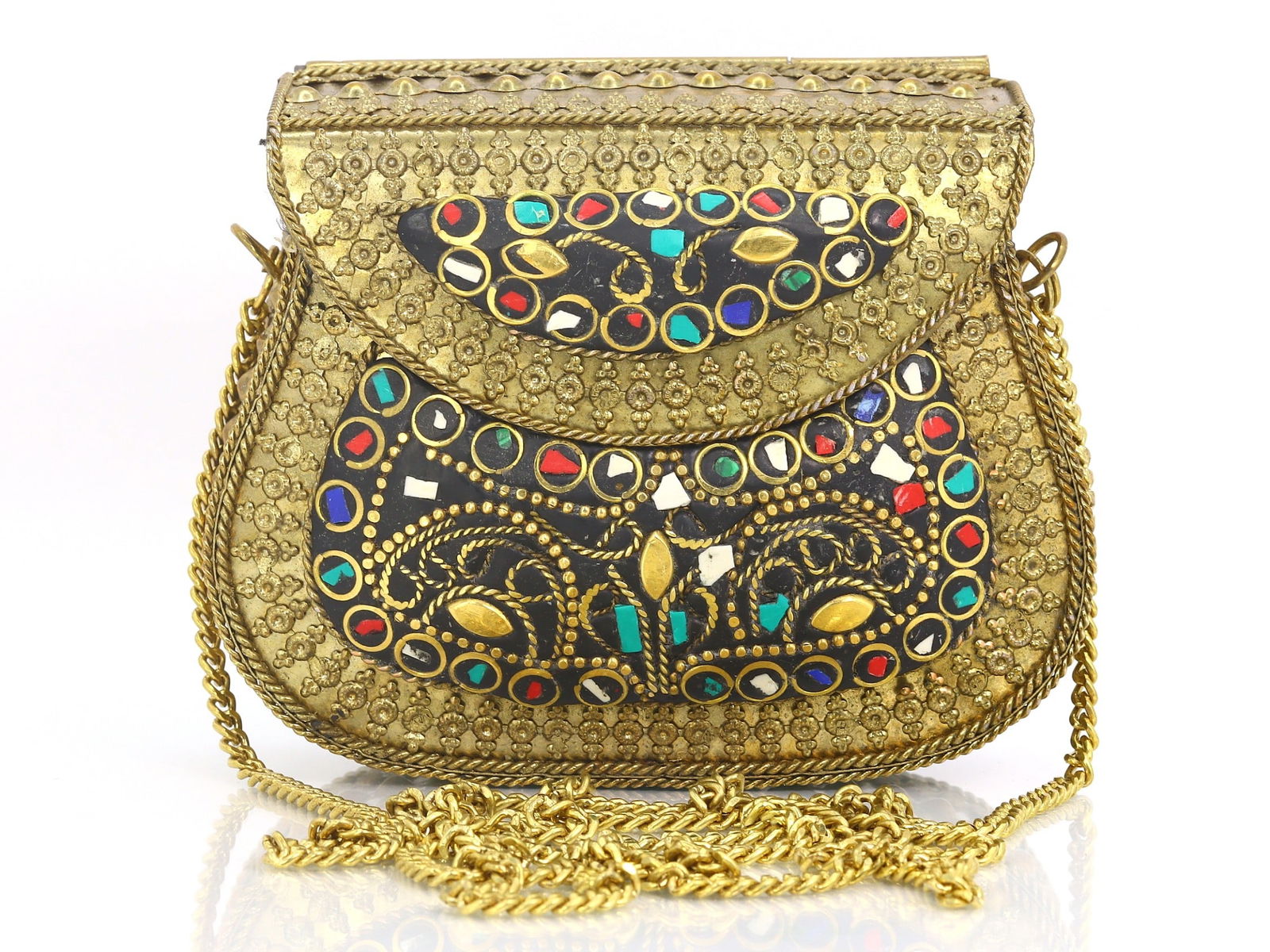 7.5" Vintage Tibetan Turquoise & Red Chips Inlay Bag Shoulder Bag Purse Brass Clutch (1 of 4)