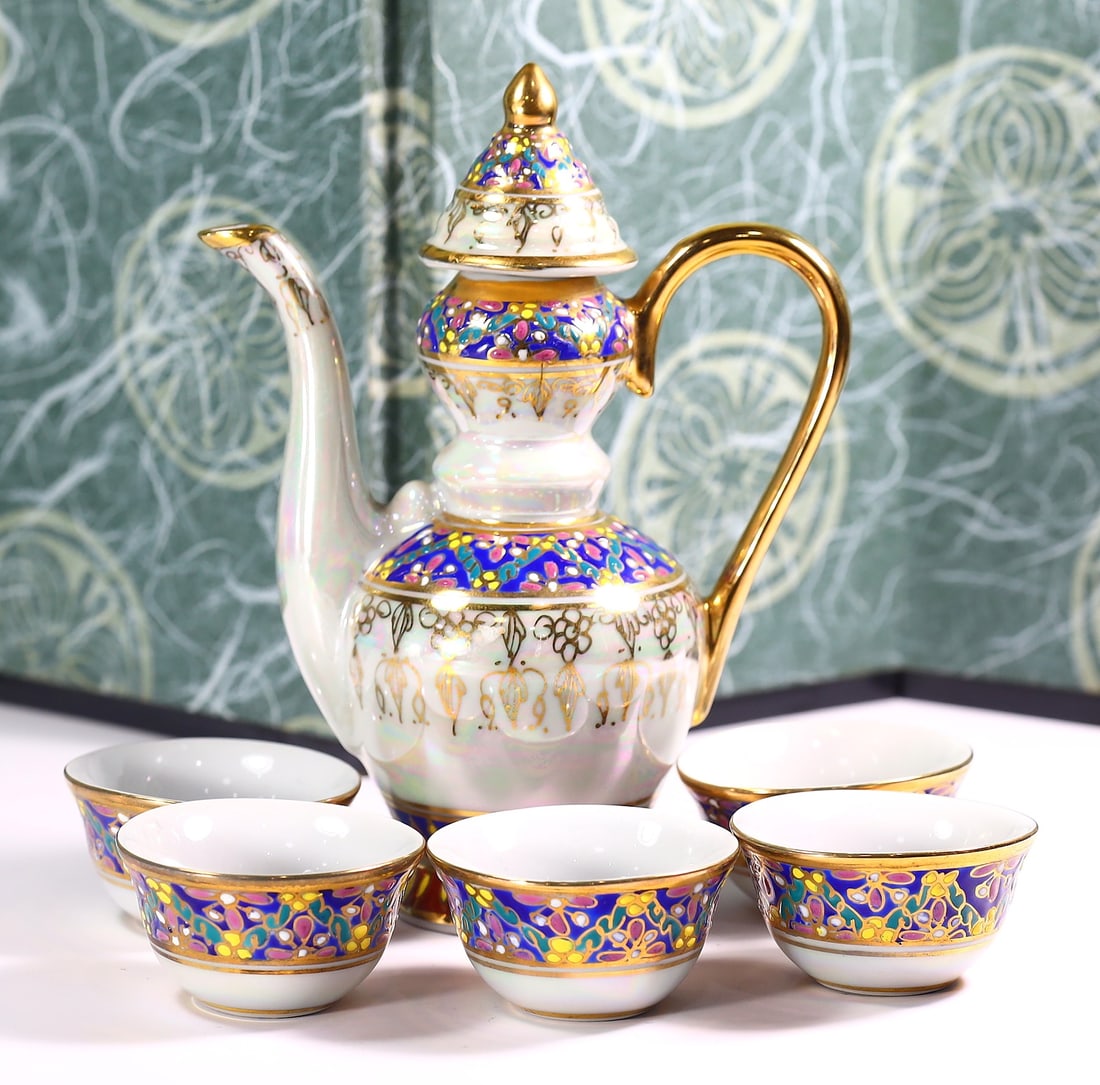 Thai Iridescent Color Hand Painted Benjawong Tea Set Cups & Pitcher (1 of 3)