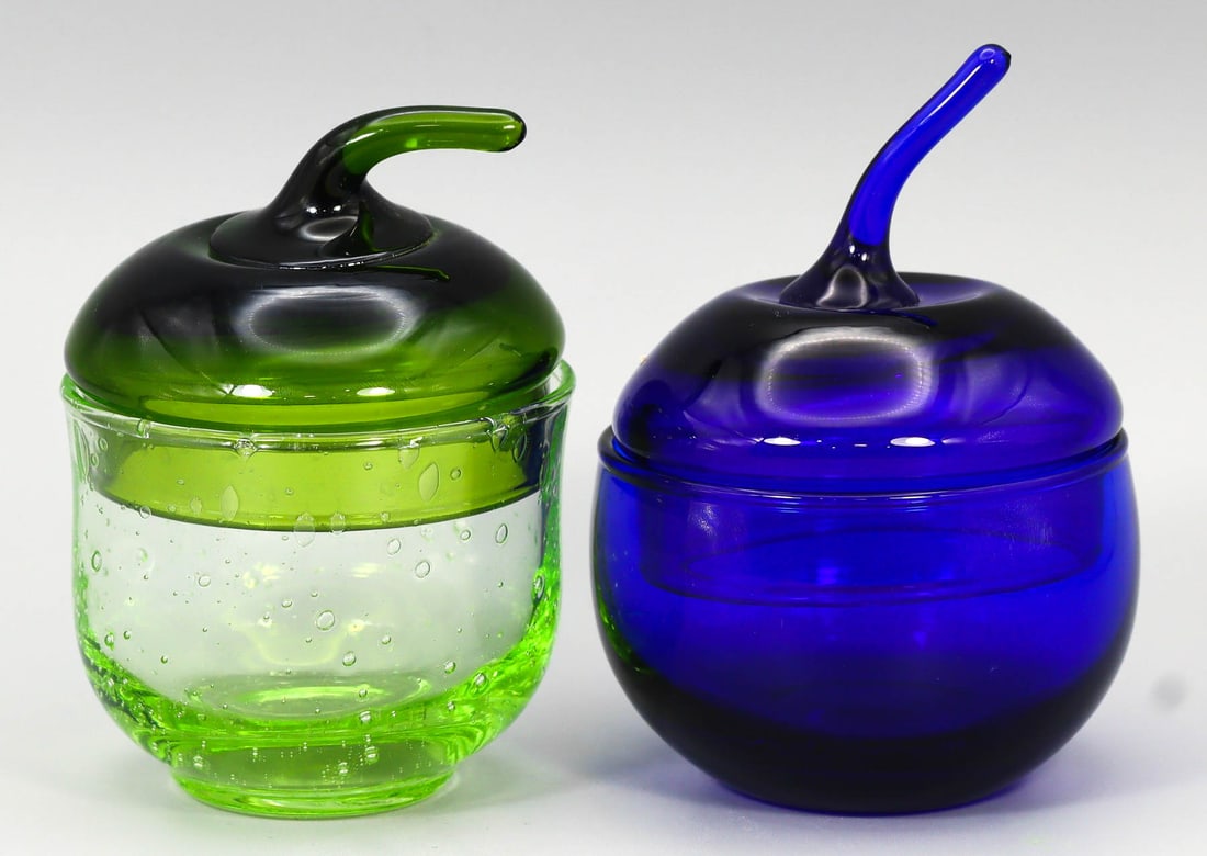 Set of 2 Contemporary Green & Blue Art Glass Boxes (1 of 2)