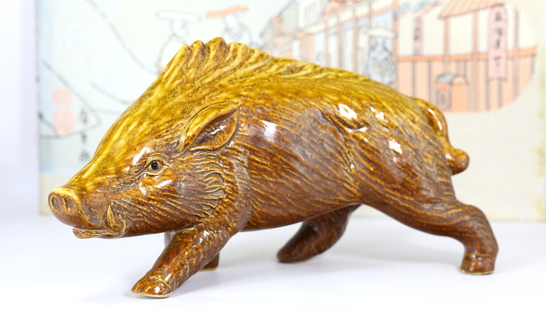 Vintage Japanese Boar Porcelain Statue Wild Kutani Inushishi Okimono Netsuke (1 of 3)
